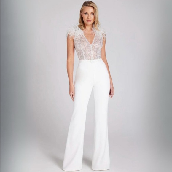 NADINE MERABI ELISSA White Feathered Jumpsuit S/M - Picture 2 of 16